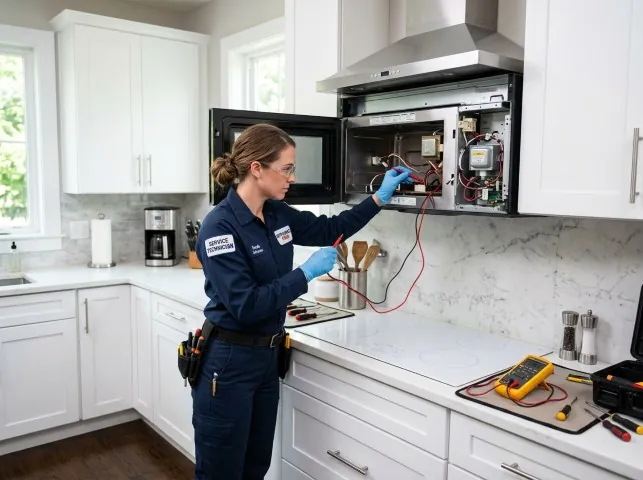 Appliance Repair Hero technician testing an over-the-range microwave in a Barlow, KY kitchen